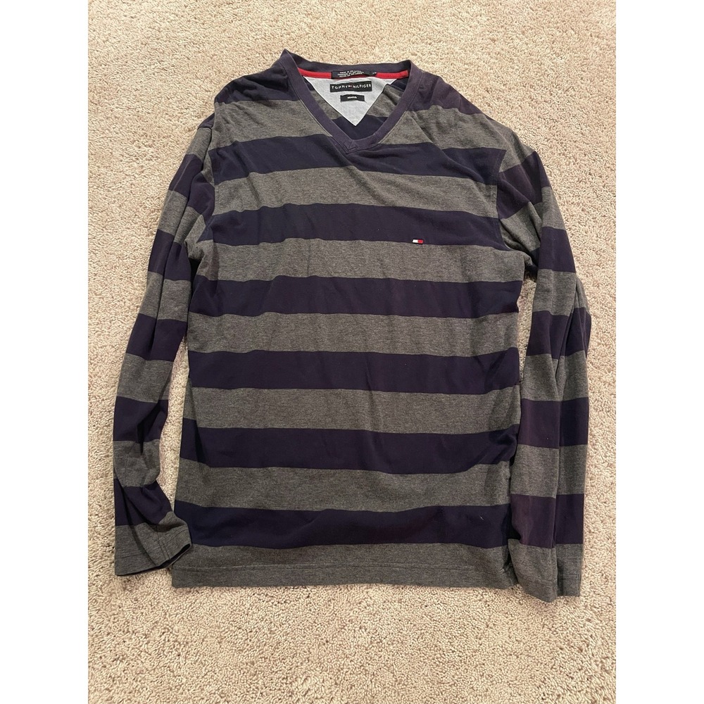 Tommy Hilfiger Men's Gray Navy Striped V-Neck Long Sleeve Sweater